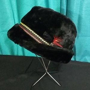 Vintage Black Faux Fur Hat with feather